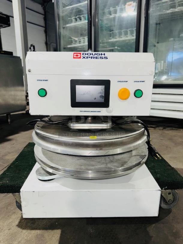 Dough Xpress DXE-WH 18" pizza dough press, near-new condition, 120V, 1150W, electromechanical, with operation buttons.