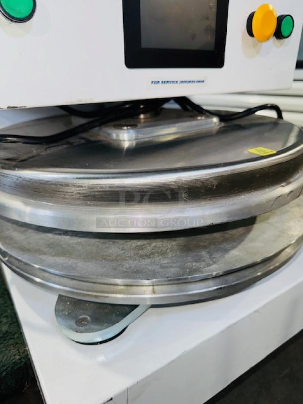 Dough Xpress DXE-WH 18" electromechanical pizza dough press, white, nearly new, 120V, 1150W, visible control panel and buttons.