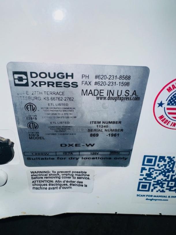 Alt text: Dough Xpress DXE-WH 18" Electromechanical Pizza Dough Press, almost new, 120V, 1150W, ETL listed, made in USA.