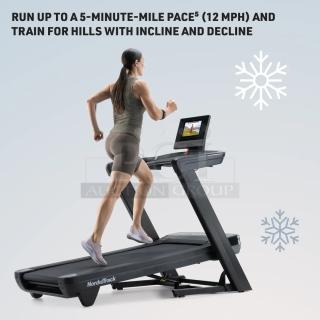 NordicTrack Commercial 1250 Treadmill, new, with 10" tilting touchscreen, black, incline/decline features, logo on base.