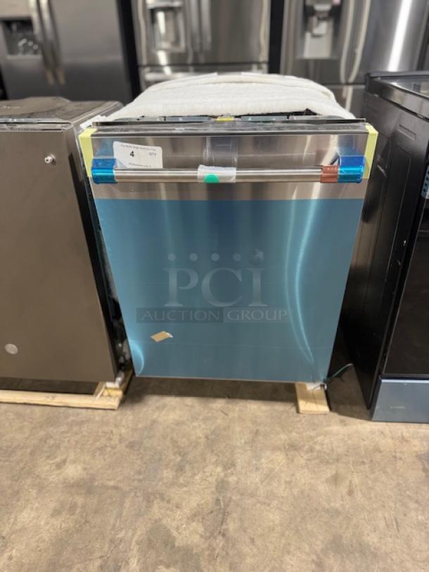 Brand new GE Café 24" smart dishwasher, model CDT888P2VS1, with 3rd rack, LED lighting, and 39 dBA, stainless steel finish.
