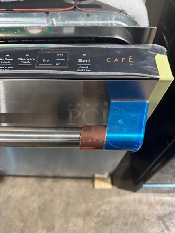 GE Café 24" Smart Dishwasher, model CDT888P2VS1, stainless steel, 39 dBA, with top control, 3rd rack, and LED lighting.