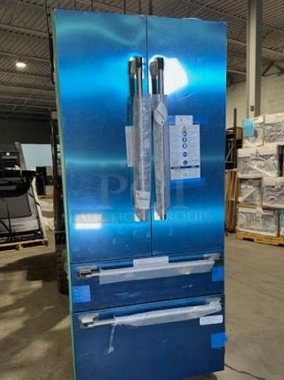 Thermador Freedom T36BT120NS, brand new 36" French door bottom freezer, stainless steel, protective wrap visible.