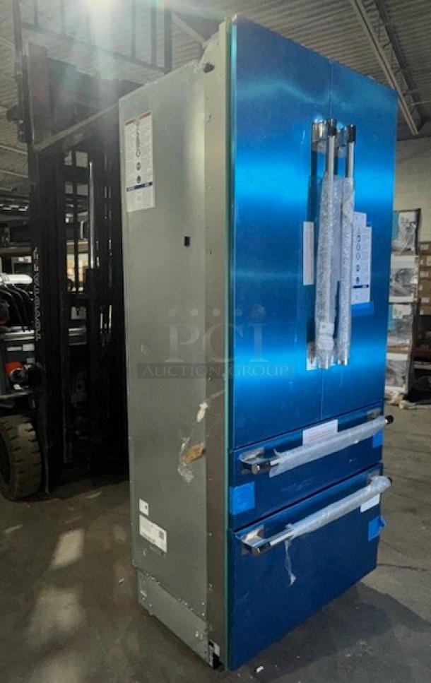 Brand new Thermador Freedom T36BT120NS 36″ French door refrigerator in professional stainless steel, protective wrap intact.