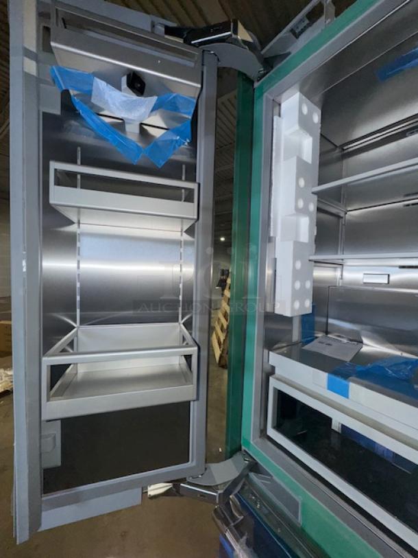 Thermador Freedom T36BT120NS French Door Bottom Freezer, new condition, stainless steel, interior view with shelves.