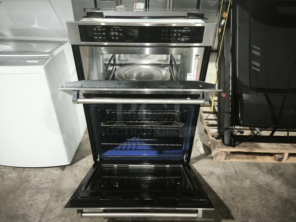 Brand new KitchenAid KOEC530PSS 30" combination microwave wall oven with Air Fry Mode, stainless steel, open doors.