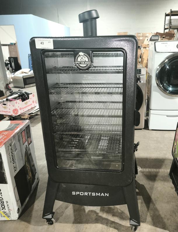Pit Boss Sportsman 7-Series Wood Pellet Vertical Smoker, model 11110. Brand new, multiple internal racks, durable black exterior.