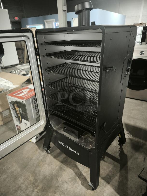 Pit Boss Sportsman 7-Series wood pellet vertical smoker, model 11110, brand new, with multiple cooking racks.