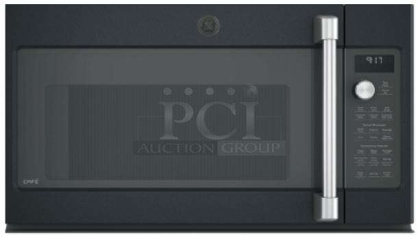 Brand new GE Café 1.7 cu ft convection over-the-range microwave, model CVM9179ELDS, sleek design with control panel.