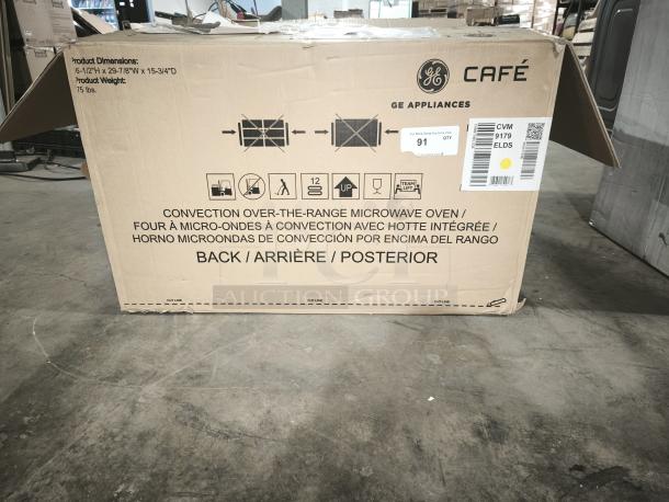 Brand new GE Café 1.7 cu ft convection over-the-range microwave, model CVM9179ELDS, boxed with labels and instructions.