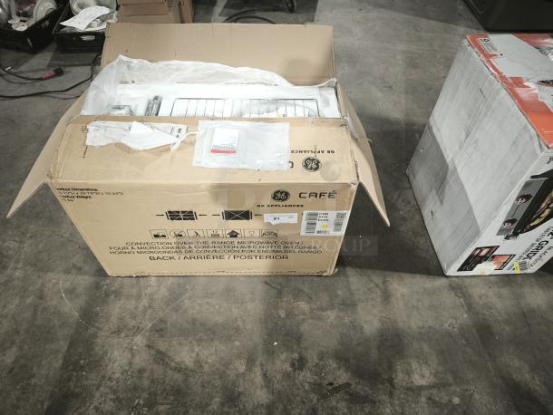 Brand new GE Café 1.7 cu ft convection over-the-range microwave oven, model CVM9179ELDS, in opened box.