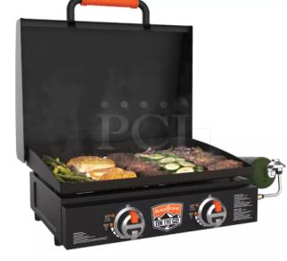 Brand new Blackstone Original 22″ Tabletop Griddle with Hood, Model 2205, featuring dual burners and control knobs.