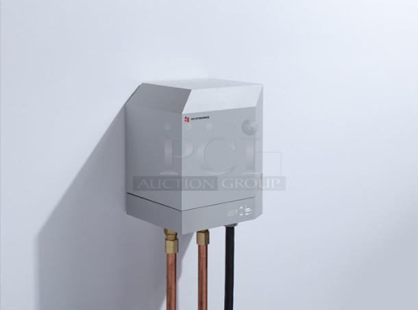 Heatworks MODEL 3 Smart Electric Tankless Water Heater, HW-0007, new, wall-mounted, sleek gray design, visible copper pipes.