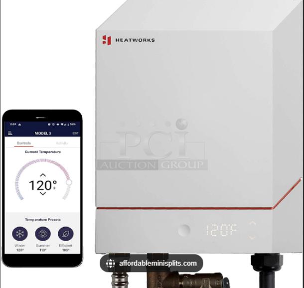Heatworks Model 3 electric tankless smart water heater, model HW‑0007, new condition, digital display, app control visible.