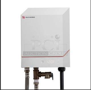 Heatworks Model 3 tankless smart water heater, HW-0007, displaying 120°F. New with visible controls and connections.