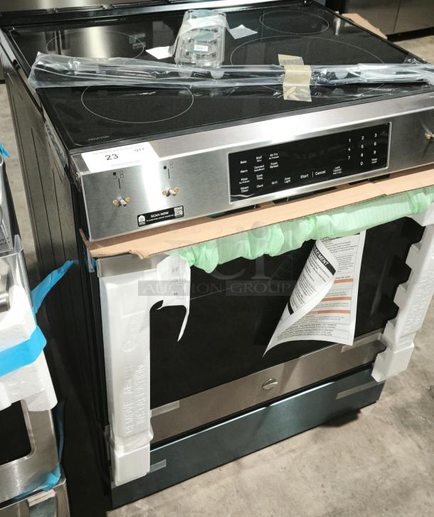 GE Profile 30" Smart Induction Range, Model PHS700AY1FS, new condition, featuring convection, no-preheat air fry, EasyWash™ tray.