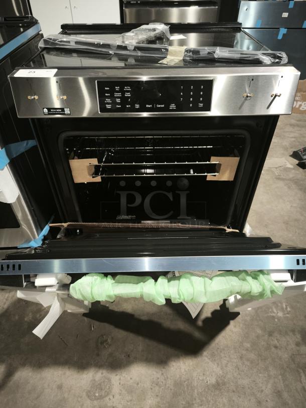 GE Profile 30″ Smart Slide-In Induction Range, model PHS700AY1FS, with No Preheat Air Fry, EasyWash™ Oven Tray, new condition.