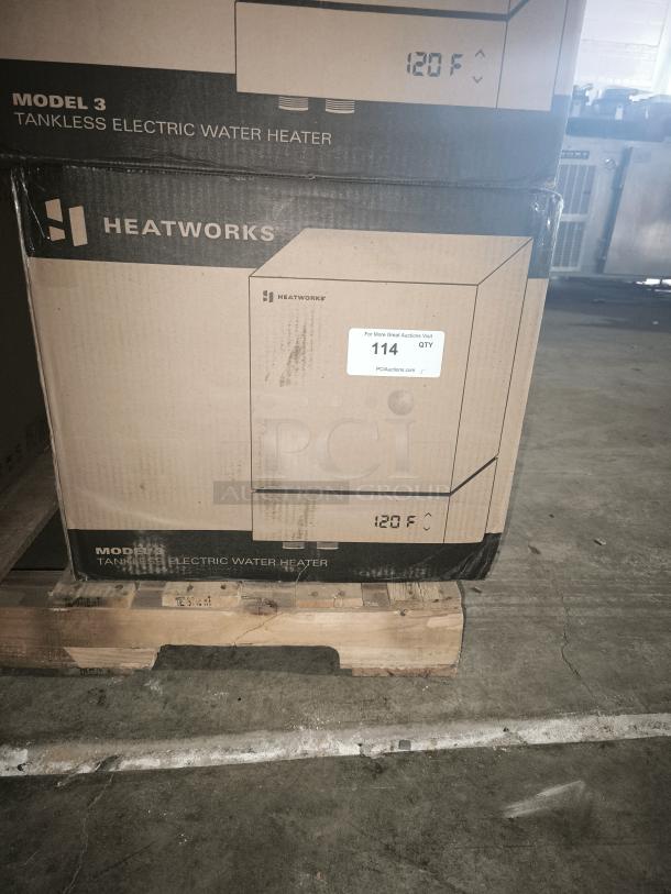 Heatworks Model 3 tankless electric water heater, new in box, model HW-0007, features 120°F display, on pallet.