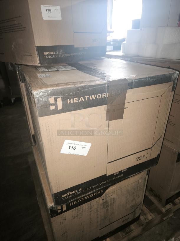 Heatworks Model 3 Electric Tankless Smart Water Heater, model HW-0007, in original packaging with labels indicating quantity of 116 units.