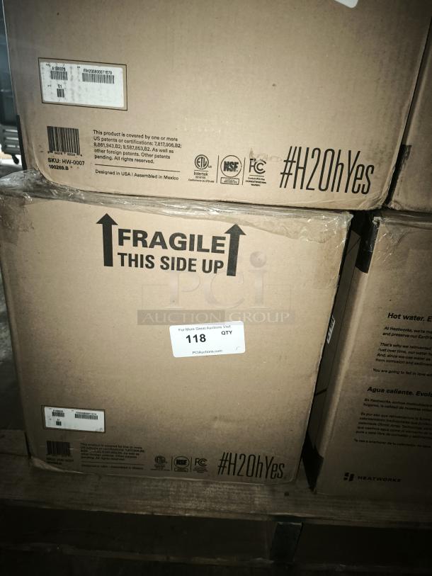 Heatworks MODEL 3 Electric Tankless Smart Water Heater, new in box, model HW-0007, with #H2OhYes branding and certification logos visible.