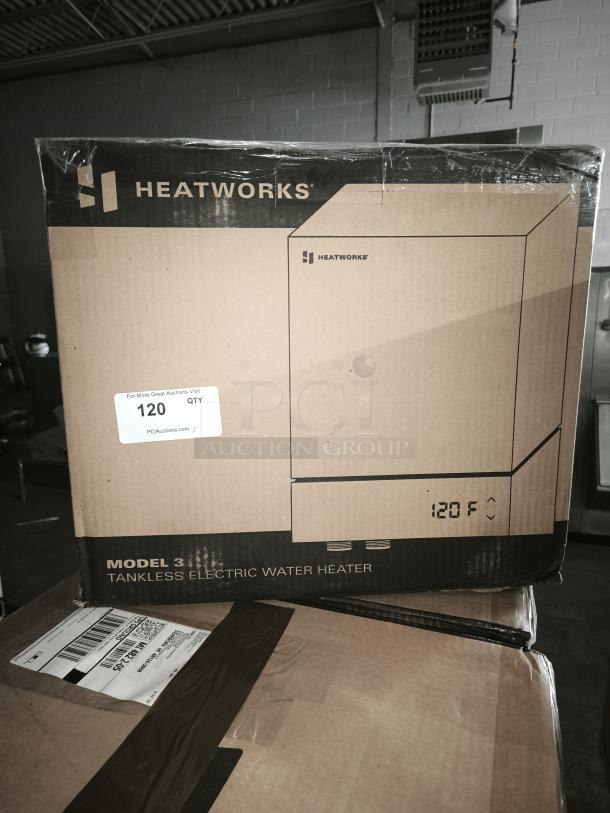New Heatworks Model 3 HW-0007 tankless electric smart water heater in sealed box, 120°F setting visible.