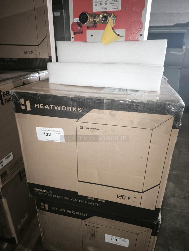 Heatworks Model 3 HW-0007 Smart Electric Tankless Water Heater, new in box, visible labels indicate 120°F setting.