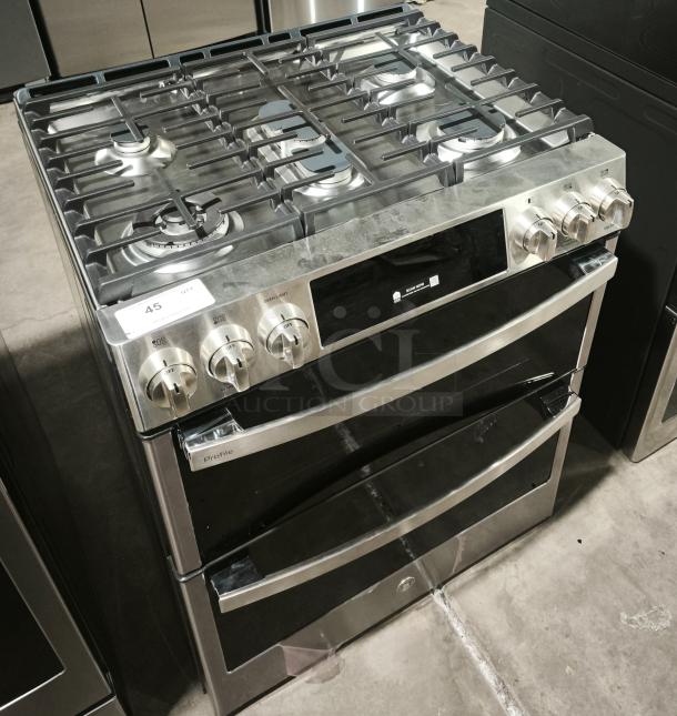 Brand new GE Profile™ 30" Smart Slide-In Gas Double Oven Range, Model PGS960YP4FS. Convection feature, stainless steel.