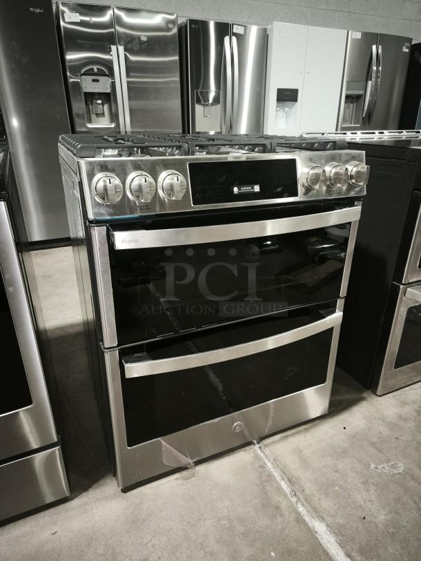Brand new GE Profile 30″ Smart Slide-In Gas Double Oven, Model PGS960YP4FS, stainless steel, convection range.