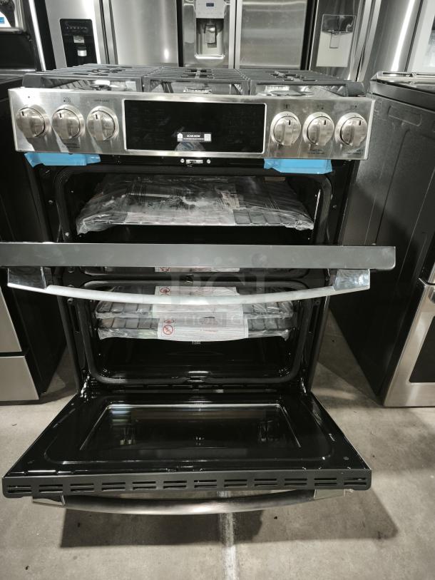 Brand new GE Profile™ 30″ Smart Slide-In Gas Double Oven Convection Range, model PGS960YP4FS, with front controls.