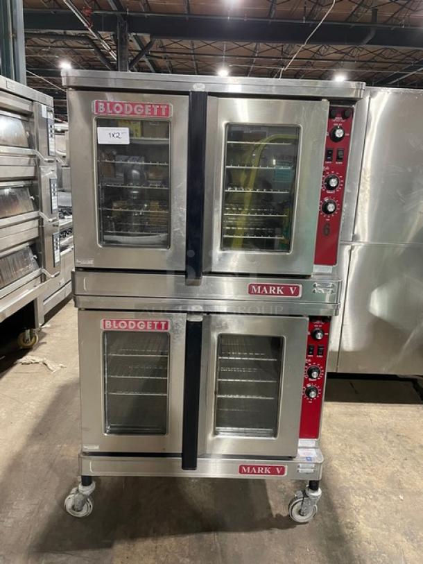 Blodgett Mark V Series double stacked stainless steel electric convection oven, model MARKVIII, with solid state thermostat, on casters.
