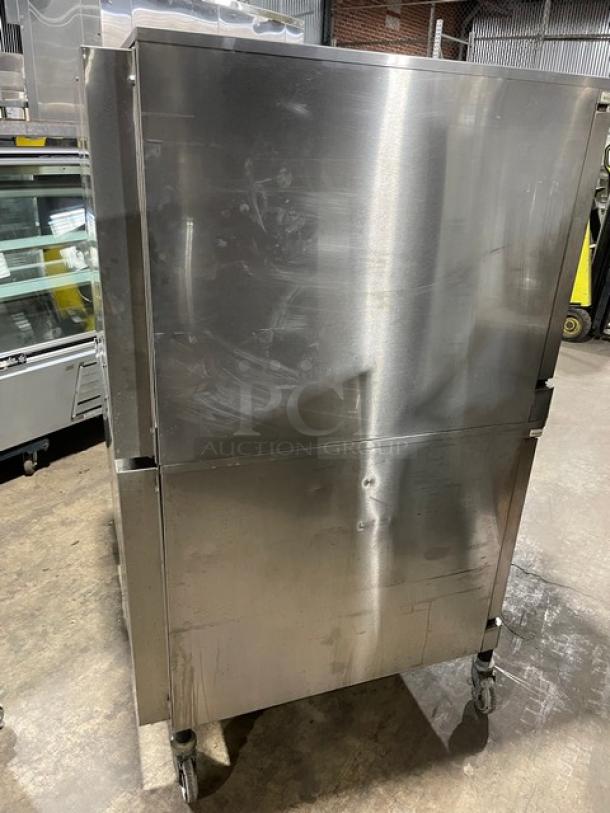 Blodgett Mark V Series stainless steel double convection oven, Model MARK-V-III, on casters, with wired rack, 480V.