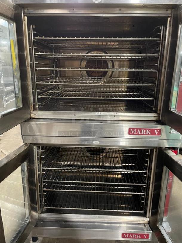 Blodgett Mark V Series double stacked stainless steel convection oven with solid state thermostat and wired racks, model MARK-V-III.