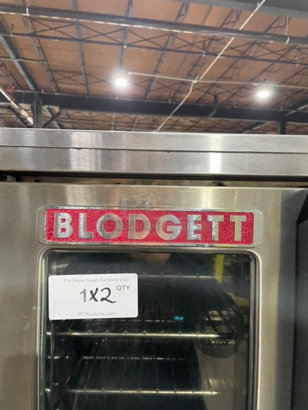 Blodgett MARK-V-III stainless steel double convection oven, solid state thermostat, wired racks, 480V, on casters, tag "1X2".