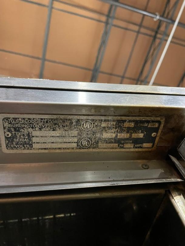 Blodgett Mark V Series stainless steel double convection oven label showing model MARK-V-III, SN: 092501PA090T, 480V.