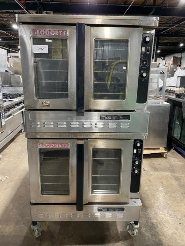 Blodgett Dual-Flow Series double-stacked convection oven, stainless steel, natural gas, solid state thermostat, on casters.