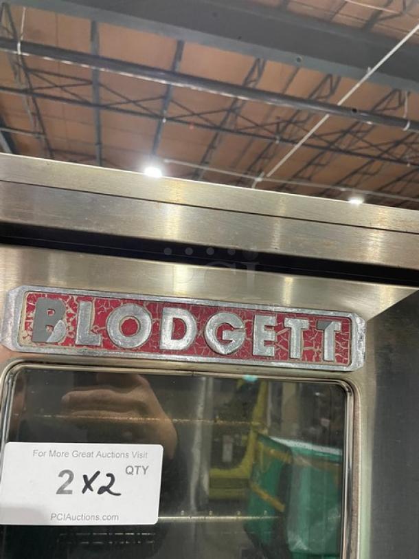 Blodgett Dual-Flow Series stainless steel double convection oven with solid state thermostat. Includes wired rack and gas connector. On casters.