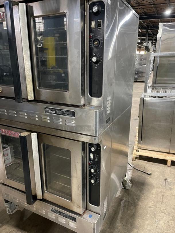 Blodgett Dual-Flow commercial double convection oven, stainless steel, gas-powered, solid-state thermostat, on casters.