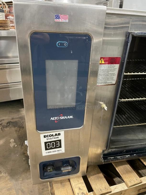 Alto-Shaam CTP720E commercial combi oven, stainless steel, digital touch controls, includes probe, racks, and undershelf stand.