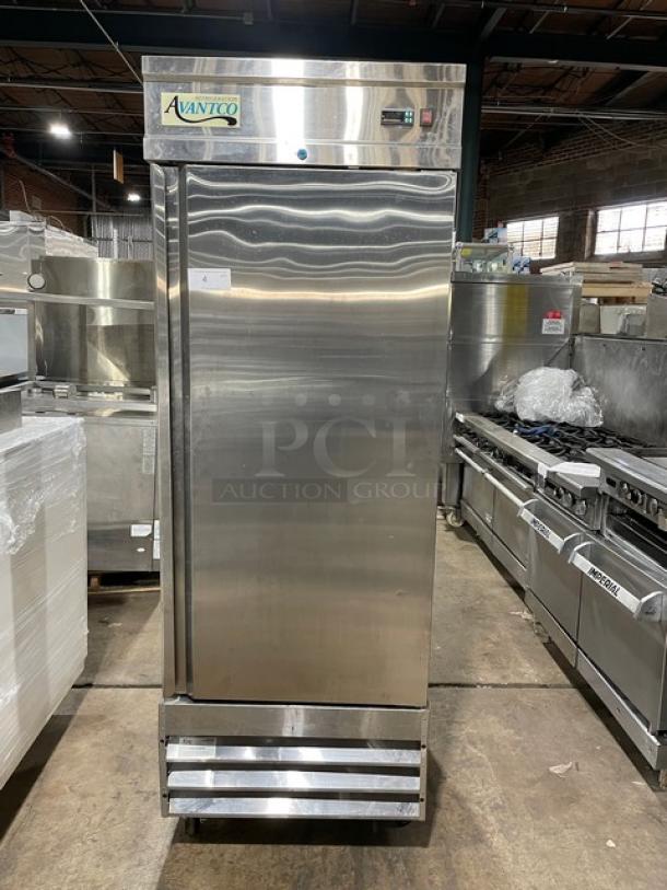Avantco CFD Series stainless steel single door reach-in freezer, model 178CFD1FF, on casters, with poly coated wired rack.