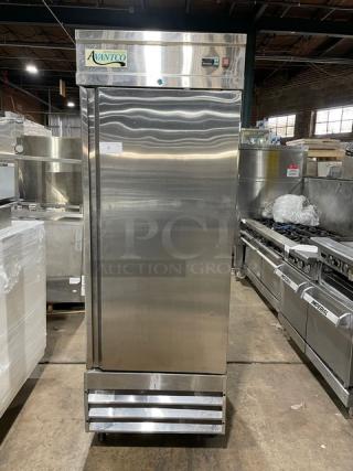 Avantco CFD Series stainless steel single door reach-in freezer, model 178CFD1FF, on casters, with poly coated wired rack.