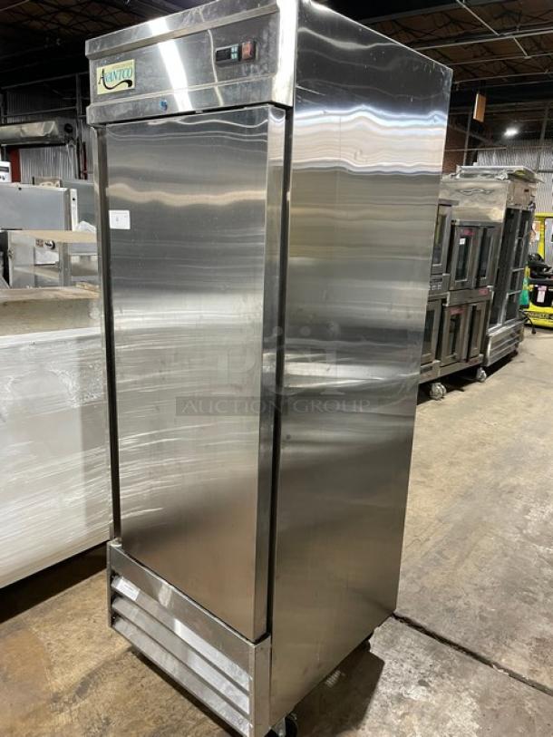 Avantco CFD Series single door freezer, stainless steel, Model 178CFD1FF, on casters, poly-coated rack, 115V, serial number visible.