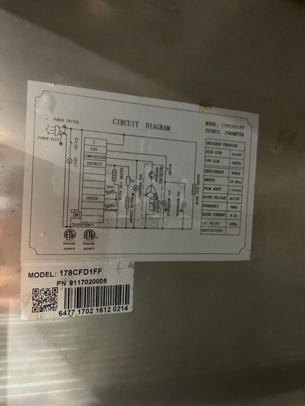 Avantco CFD Series single door freezer, model 178CFD1FF, with circuit diagram and serial number label visible.
