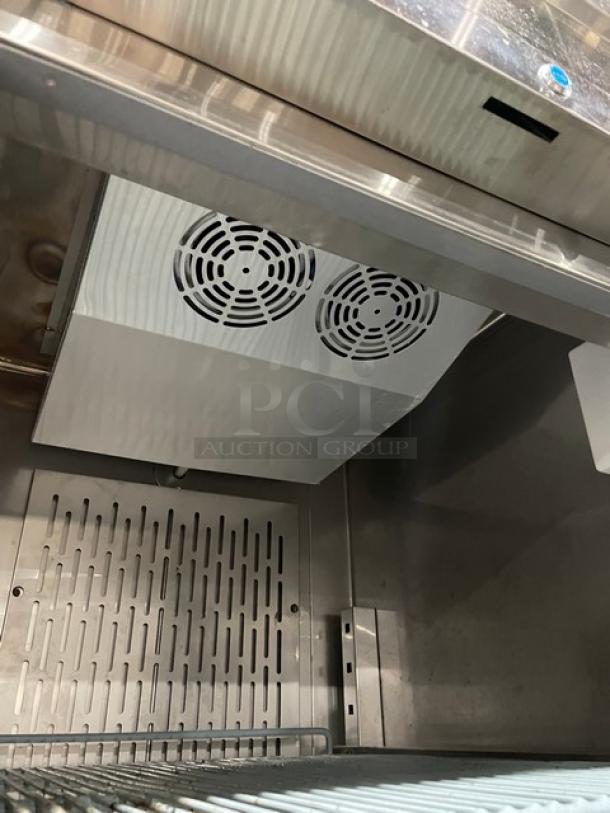 Avantco CFD Series single door freezer interior, stainless steel, poly-coated wire rack, Model 178CFD1FF, on casters.