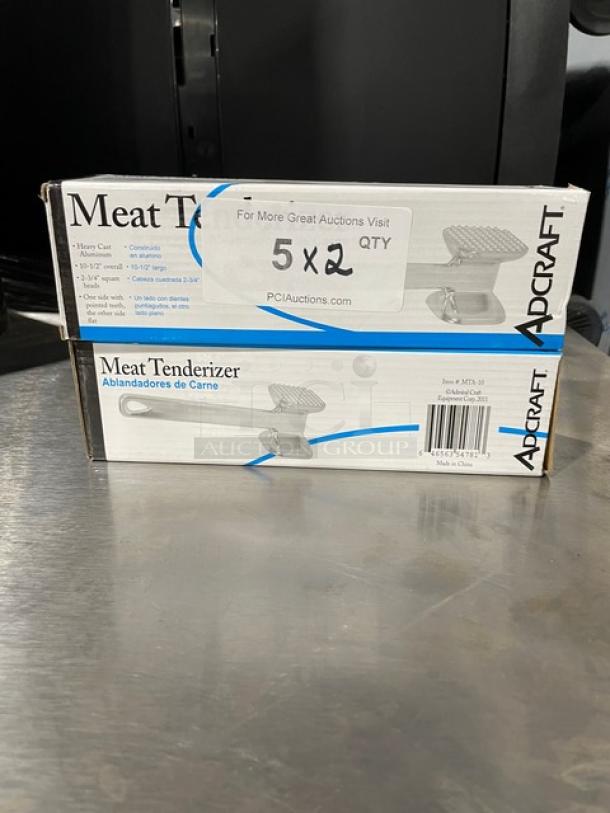New Adcraft MTA10 Meat Tenderizer box, 10.5" handheld, heavy cast aluminum, model MTA-10, labeled 5x2 quantity.