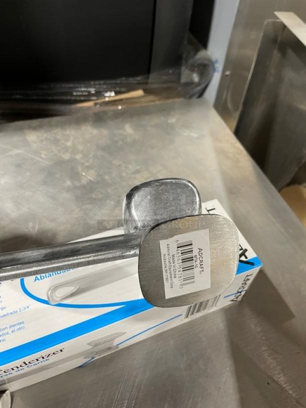 NEW Adcraft MTA-10 heavy cast aluminum handheld meat tenderizer on box, 10.5 inches. Brand label attached.