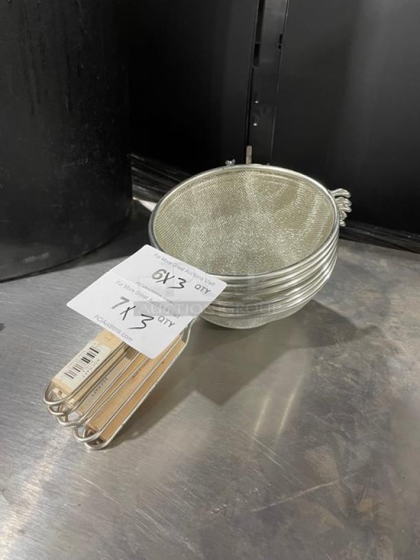 NEW Adcraft SGTN8 round mesh strainer, 8" tinned steel, wooden grip handle, commercial quality, tags indicate model and auction details.