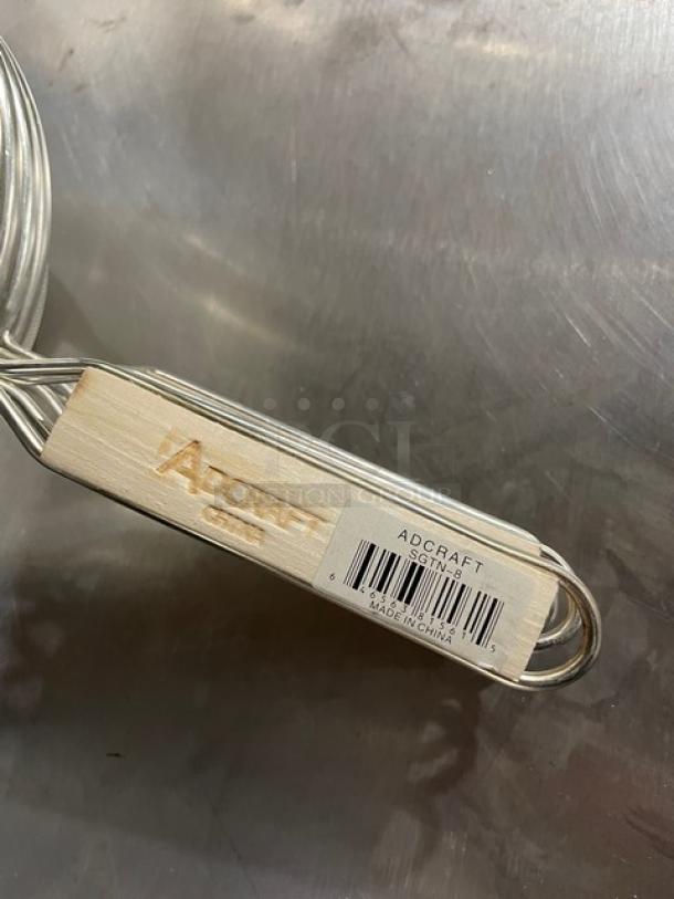 Adcraft SGTN8 mesh strainer, 8" round, tinned steel, wooden grip handle, new condition, "Made in China" label.