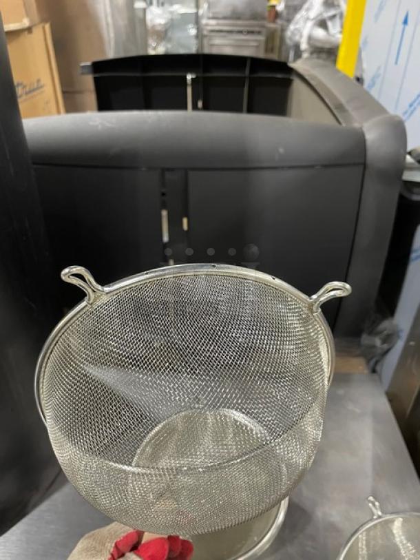 Adcraft Commercial Tinned Steel 8" Round Mesh Strainer, Model SGTN-8, with wooden grip handle, new condition.