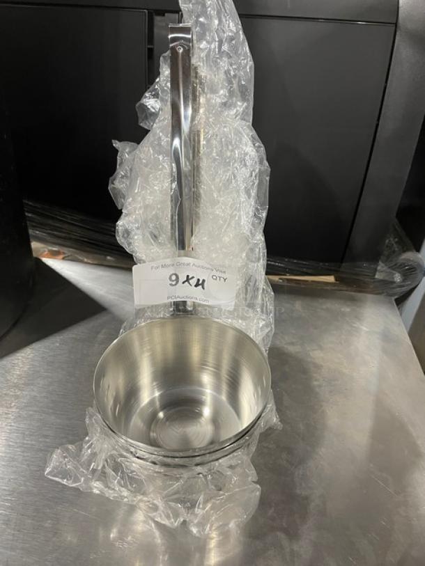 Adcraft stainless steel dipper ladle, model D32GSA, 32 oz capacity, new condition, wrapped in plastic packaging.