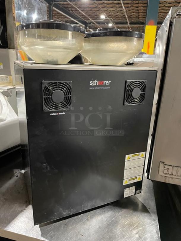 Schaerer Coffee Art Plus espresso machine, model SCA1, black/stainless, dual hoppers, electric, 240V, commercial use.